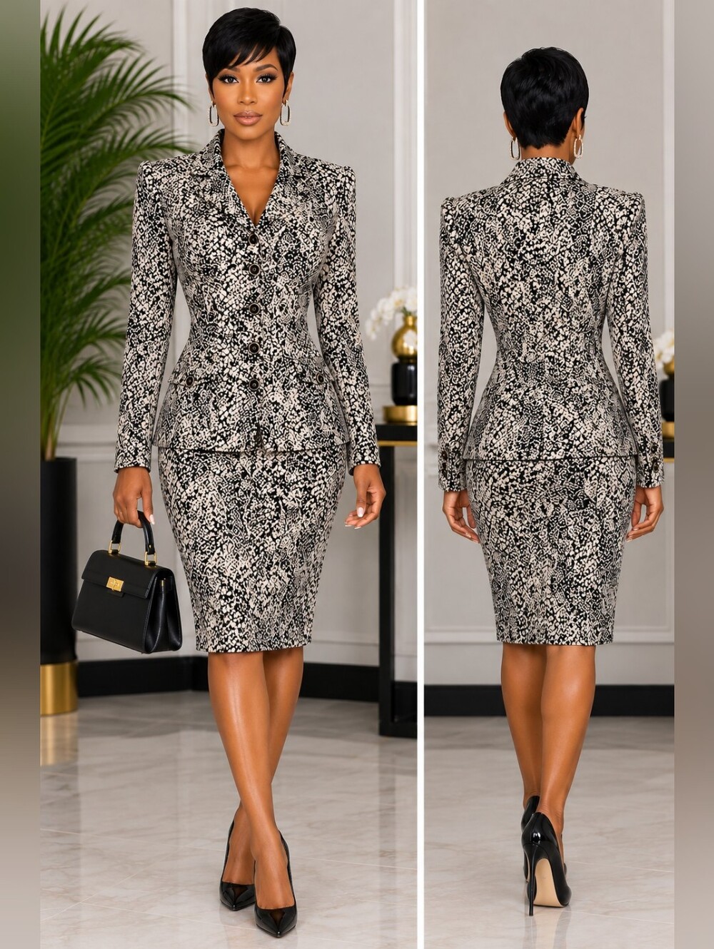 St. John Black & Cream Patterned Button-Front Knit Jacket & Skirt Set Size 14 🔥